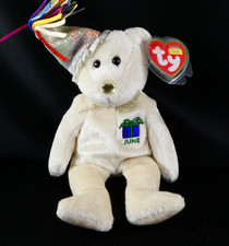 Ty Beanie Baby Birthday Bear JUNE White Great Condition w/ B-Day Hat Plush