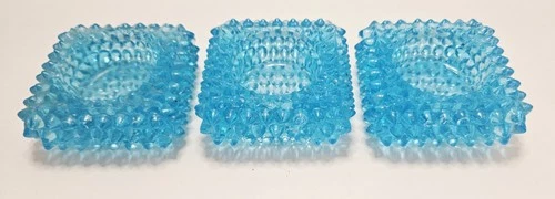 Set of 3 Vintage Fenton Blue Hobnail Square Tea light Candle Holder