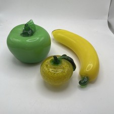 Hand Blown Art Glass Murano Style Fruit Banana Yellow Green Apple Set of 3