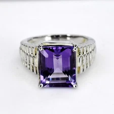 Natural Amethyst 6.64Gm 925 Sterling Silver Solitaire Men's Engagement Ring US 8