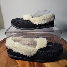 Minnetonka Women's Chrissy Black Fur Lined Shoes Moccasin Slippers Size 9