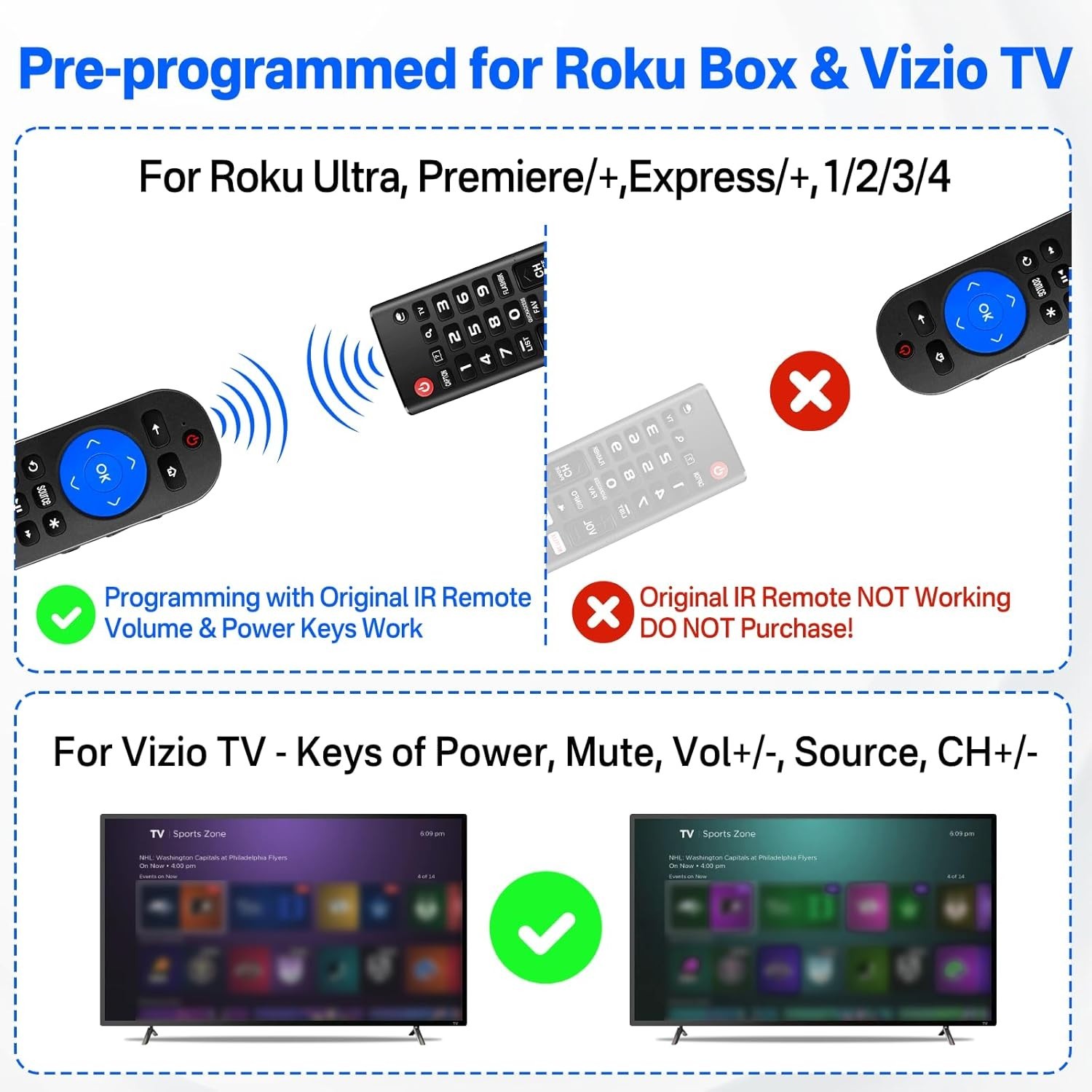 Programmed All in One Remote for Roku Box and Vizio TV with Extra 9 Learning Key