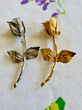 GIOVANNI Rose Bud Brooch Signed Long Stem Gold Tone/Silver Tone Brooches/Pins