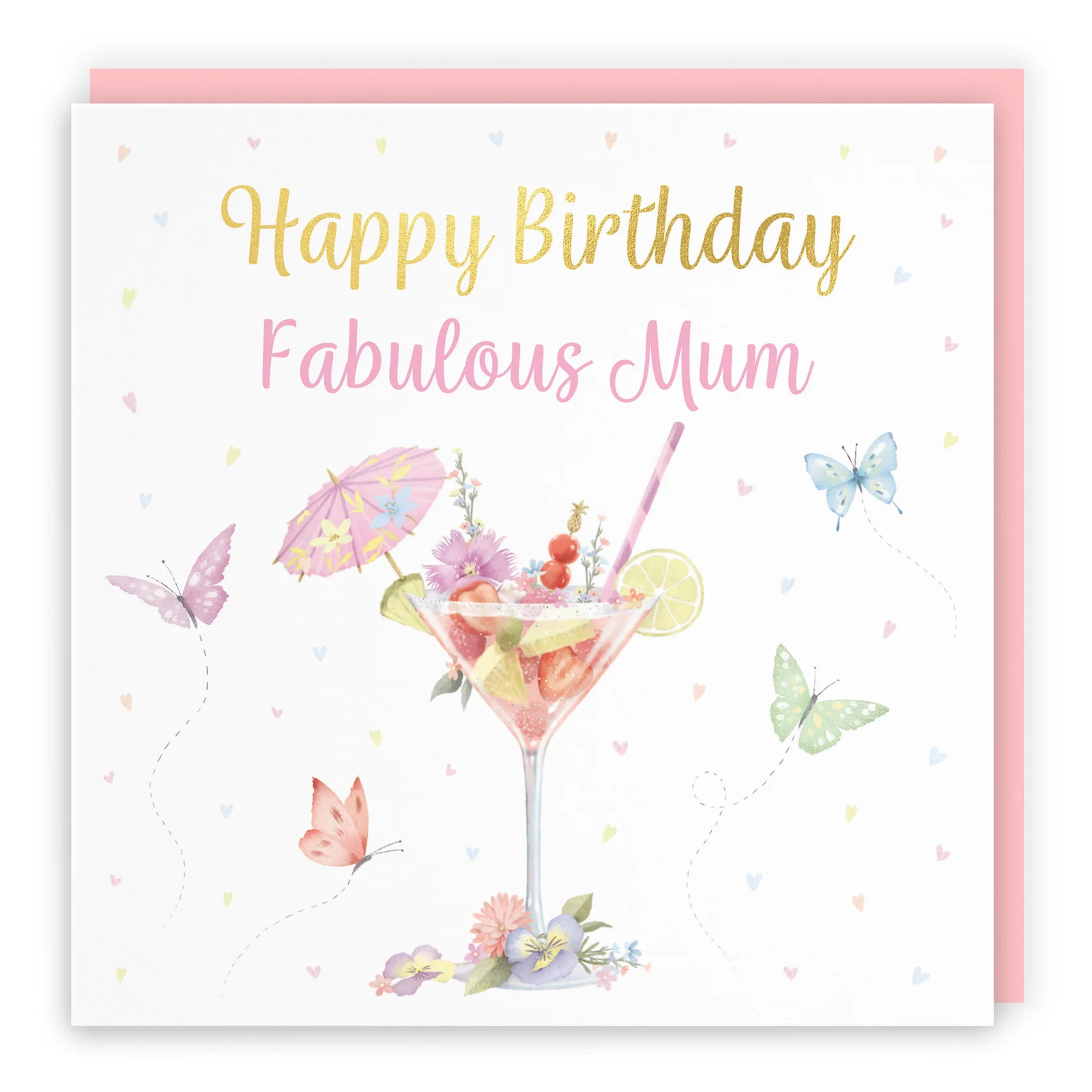 Mum Pink Cocktail And Butterflies Birthday Card Gold Foil Milo's Gallery