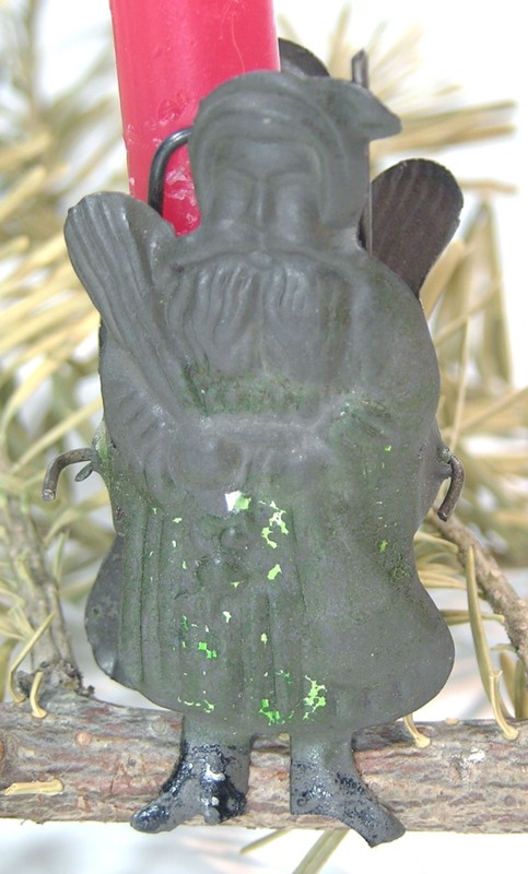 ORIGINAL 1890s FIGURAL TIN CHRISTMAS TREE CANDLE CLIP ORNAMENT BELSNICKLE SANTA