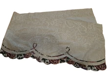 Beige Floral Valance W Pink Rose Trim Scalloped Ruffle Country Cottage 60x14