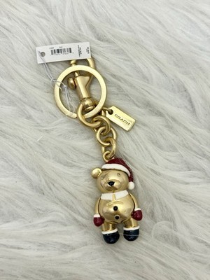 Coach Santa Bear Bag Charm Keychain Gold Red Multi-Color One Size