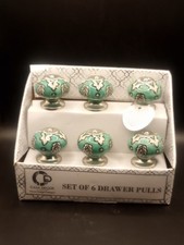 Casa Decor Ceramic Drawer Pulls - Set of 6 - Handcrafted Green Silver Knobs