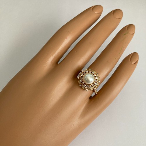 Art Deco Cubic Zirconia Pearl Cocktail Ring 14 kt Yellow Gold Plated Size 9 Faux - Picture 3 of 16