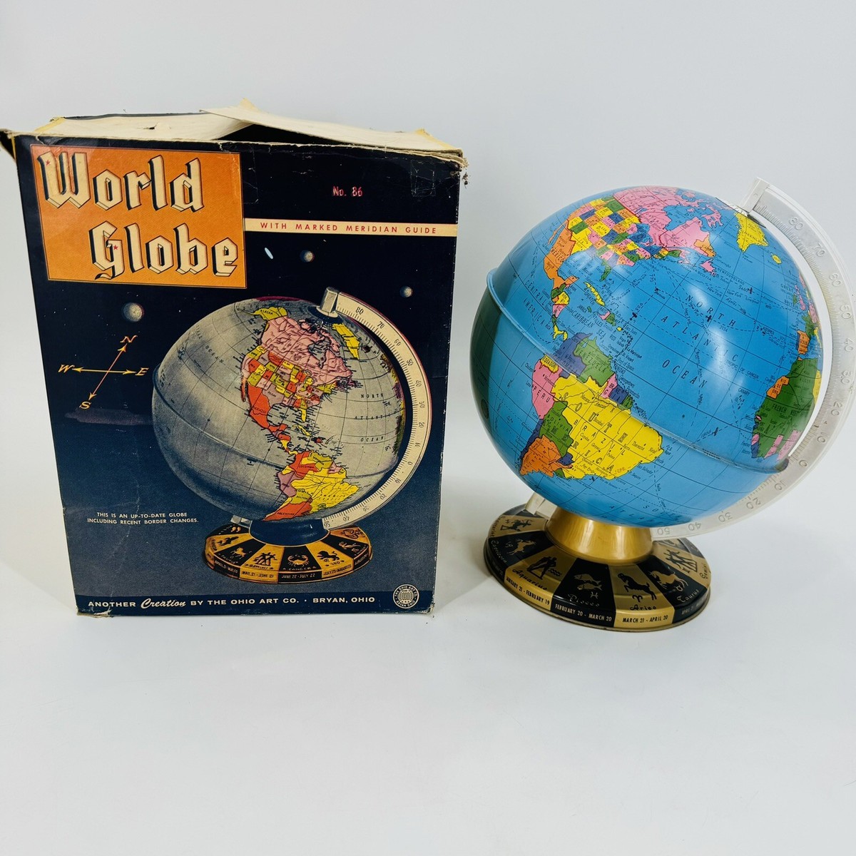Vintage Ohio Art Tin Litho Metal World Globe Zodiac W Original Box