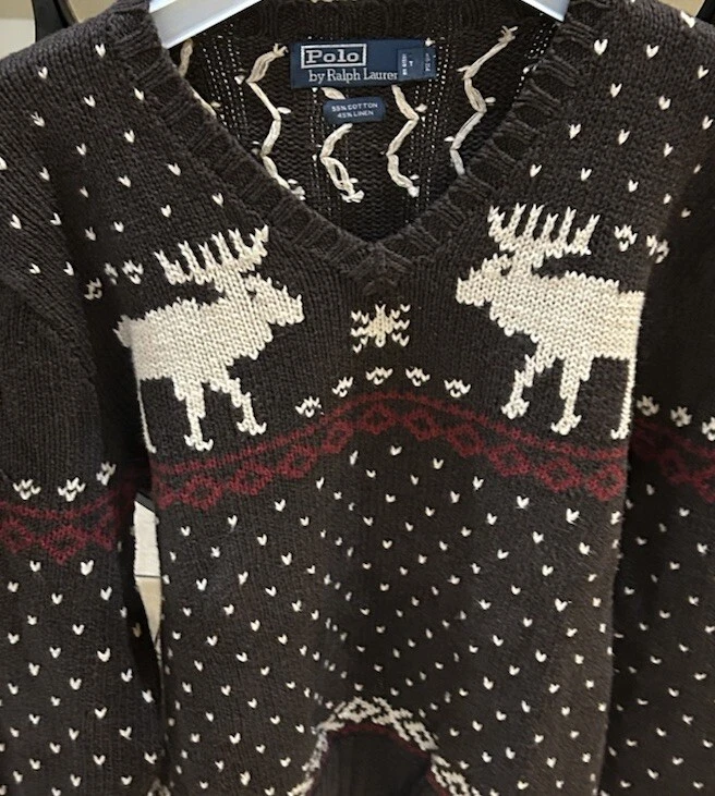 Suéter Polo Ralph Lauren Vintage Marrón Reno Nórdico Caribú Alce Para Hombres Talla L Foto 2 de 4