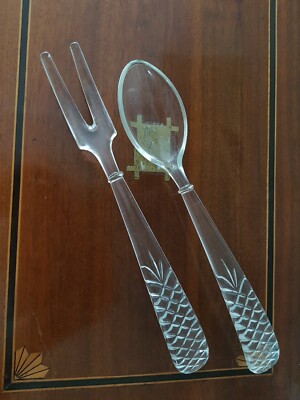 Vintage Klarglas Salat großer Löffel und Gabel Servier Set