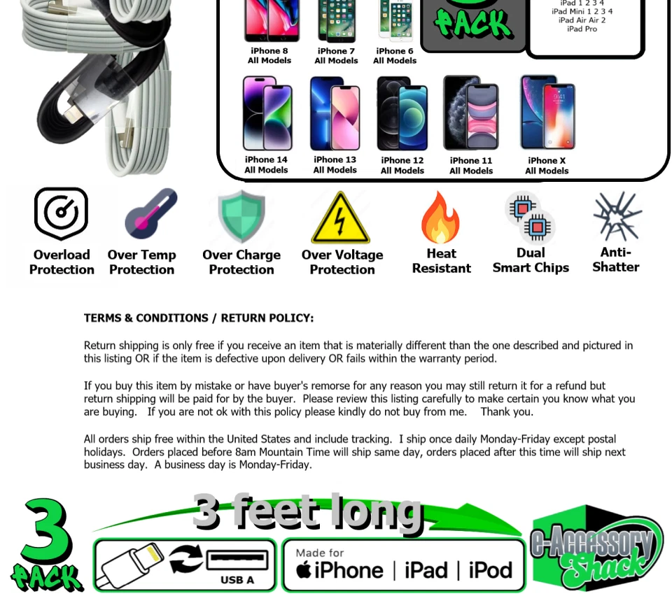 100x Fast Charging Cable Charger Power Cord 8-Pin For iPhone 14 13 12 11 X XS XR - Image 3 of 3