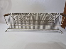 1960s Vintage Metal Wire Magazine Rack and Record Holder with Wooden Handles