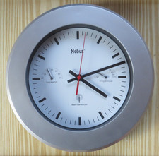 MEBUS ° tolle Funkuhr Wanduhr Ø 30cm silber analoge Uhr Funkwanduhr Temp. Hygro