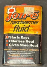 16 0z  Empty RARE Jon-E Hand Warmer Fluid Tin-can VTG ad,Orbex Minneapolis MN