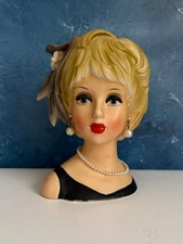 VINTAGE LADY HEAD VASE RELPO GREAT GATSBY DAISY IN BLACK/GRAY 7.25”