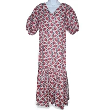 ANNA CATE Dress Sz M  Midi Red Floral Cottagecore Size Medium Puff Sleeve
