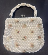 VTG 1950  s Corde Beaded Purse By LUMURED Made in USA Cream Pink Flowers Floral