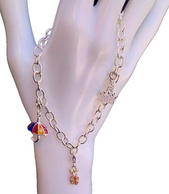 Solid 925 Sterling Silver Umbrella Ballet Shoes Crown CZ Cable Bracelet