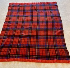 Vtg Tartan Plaid Blanket Satin Trim Red Black Yellow Wool Blend 80 X 66