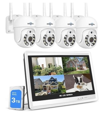 Hiseeu kabelloses Überwachungskamerasystem mit 12'' Monitor 3MP + 3TB Festplatte