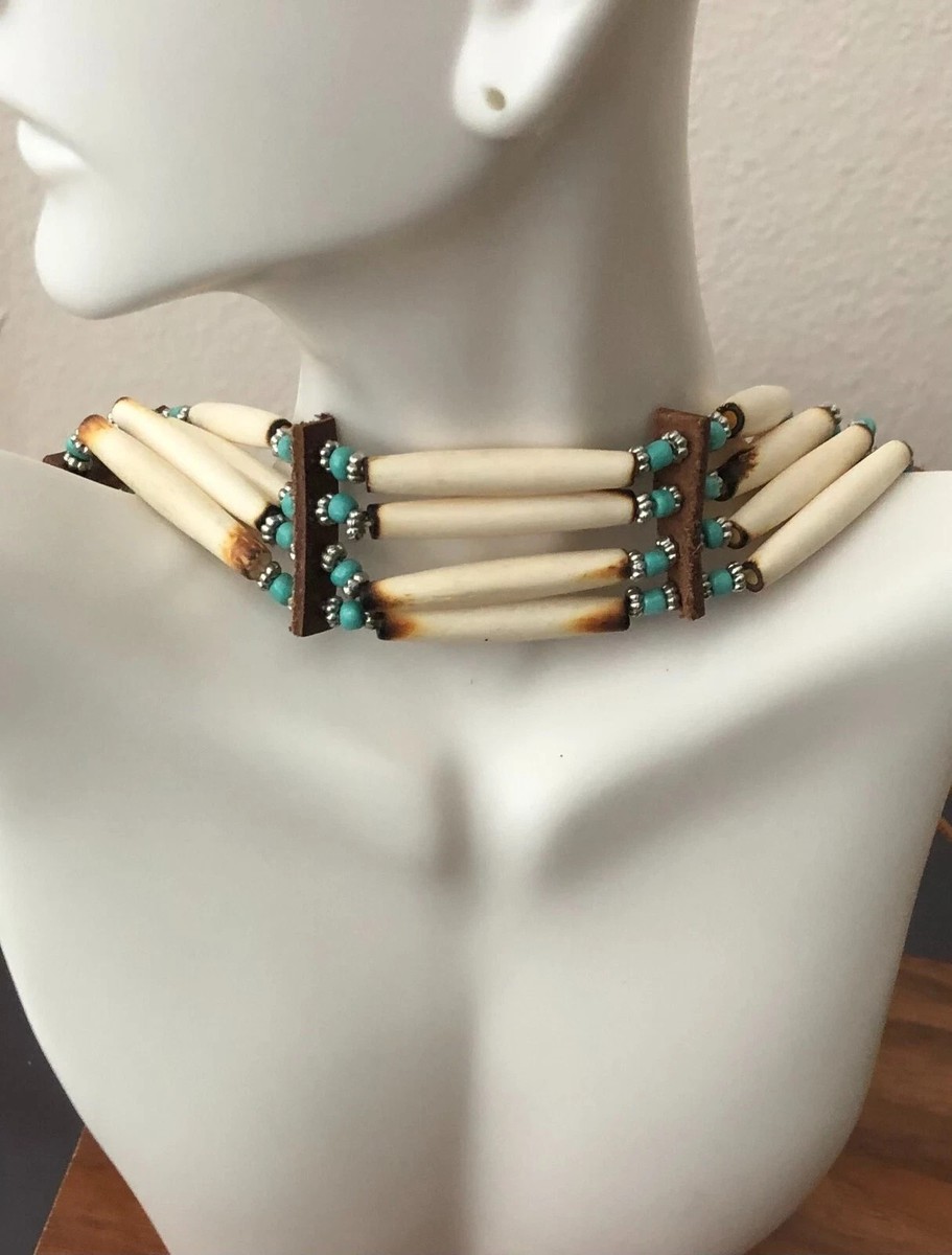 Native American Indian Style Buffalo Bone Choker Necklace Beaded