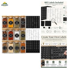 665 Round Spice Labels with A-Z Index, Black Pantry Stickers for Organizing