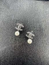 Chanel Silver Tone Stud Dangle Earrings w/ Rhinestones & Pearls