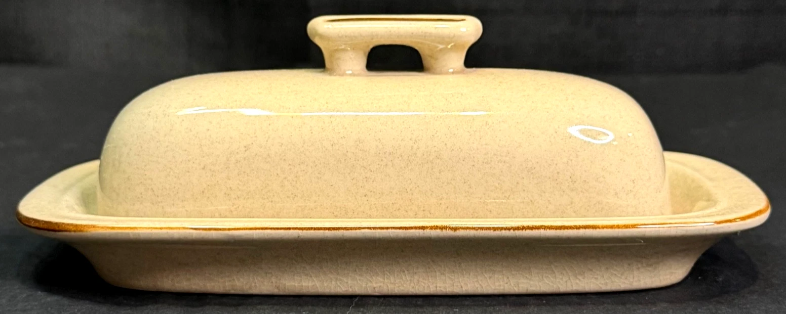 Vintage Speckled Cream & Brown Accent Stoneware BUTTER DISH Japan Hand Painted