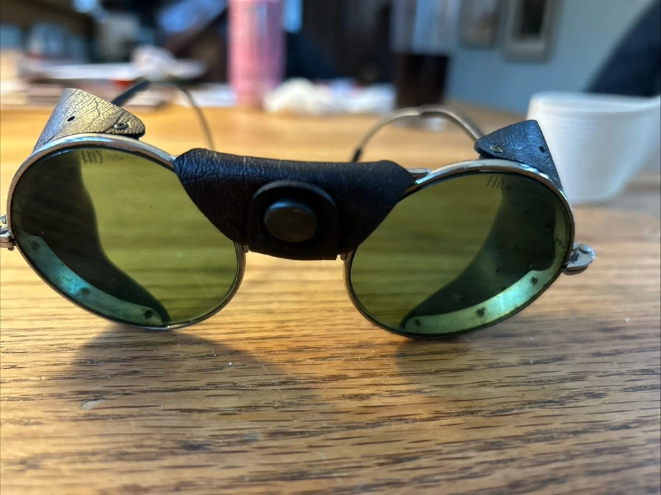 VTG Glacier Mountaineering Goggles Round Glass Lens Marked BD Leather Shields - Image 3 of 4