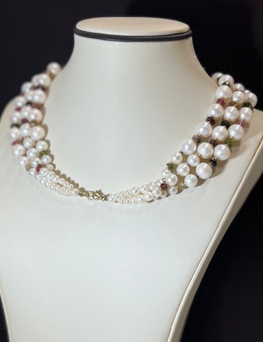 14K Yellow Gold Pearl and Natural Assorted Gemstone Triple Strand Bead Necklace - Picture 5 of 8