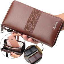 Mens Business Zipper Around Wallet with Wristlet Strap Leather Long Clutch Gifts
