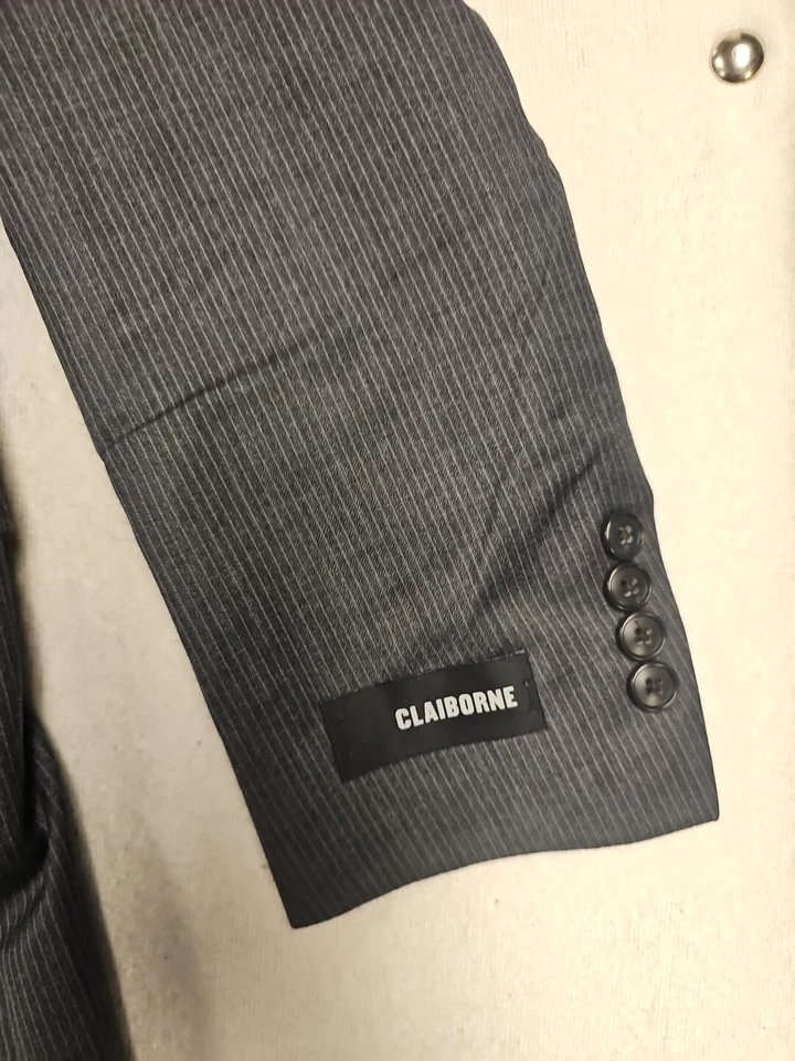 Claiborne Suit  36 Short Gray Jacket Wool Notch Lapel 28 Waist Stripe New - Image 2 of 4