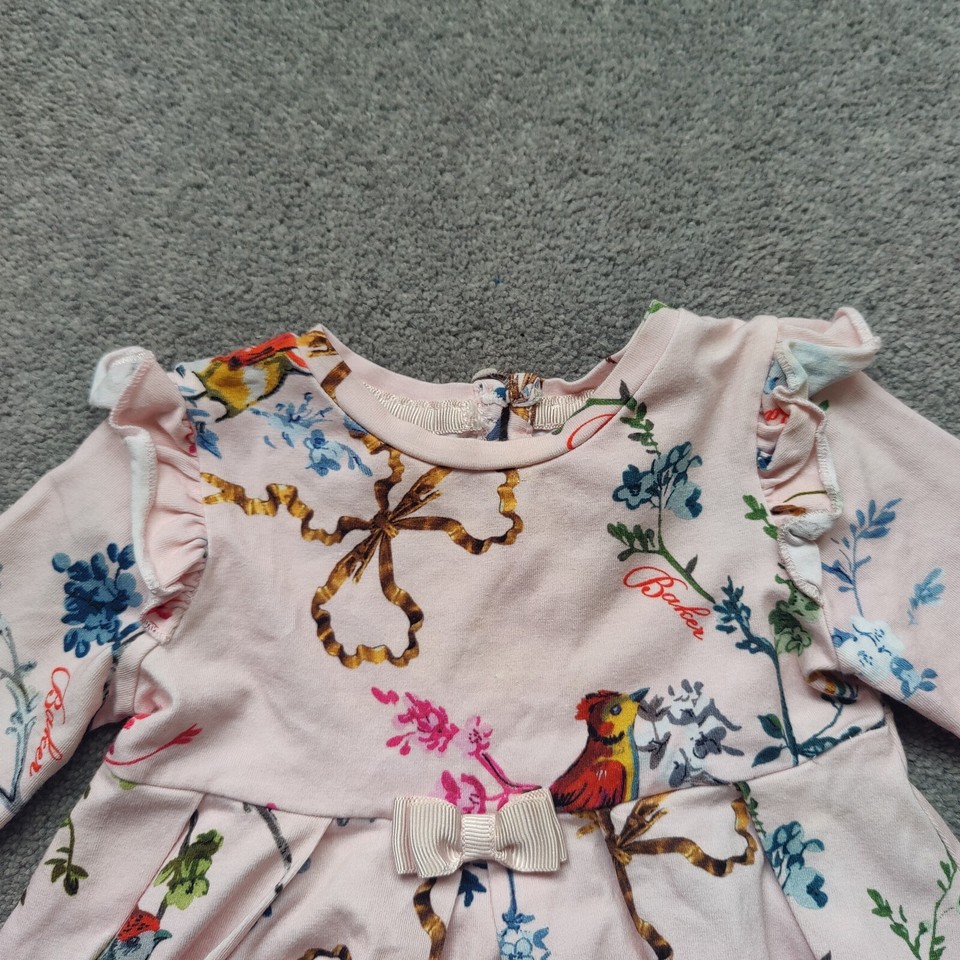 Ted Baker Baby Girl Floral Bird Pattern Dress Long Sleeve Pink 69