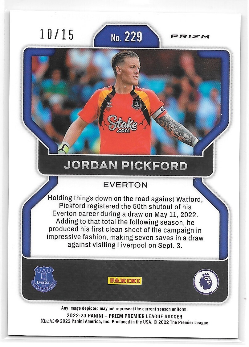 Jordan Pickford -Everton- Red Blue Purple /15 Panini Prizm Premier