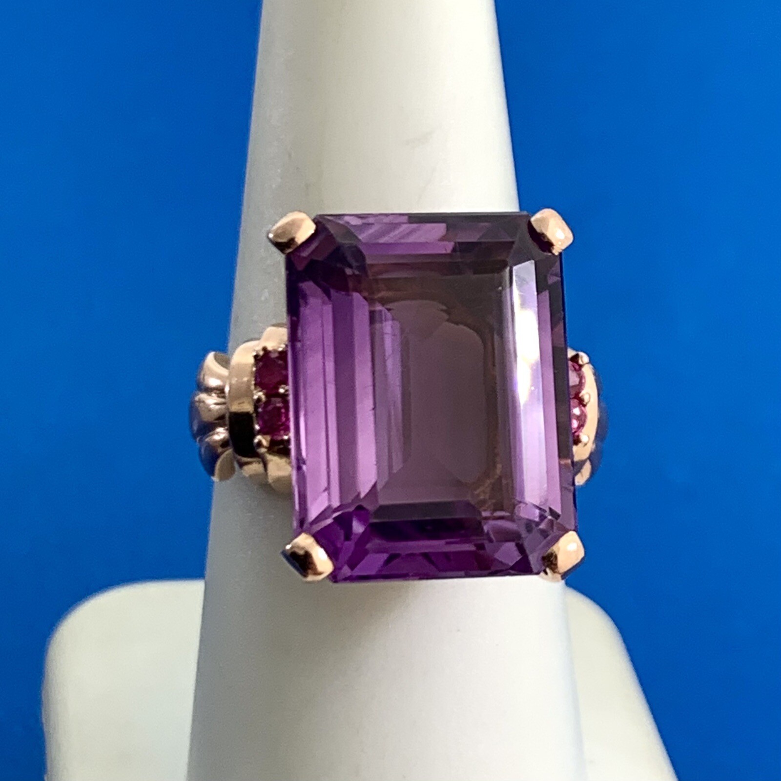Estate Emerald Cut Amethyst Ruby Accents 14K Rose… - image 2