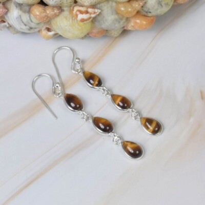 925 Sterling Handmade Tiger eye Gemstone Pear Solid Silver Earrings