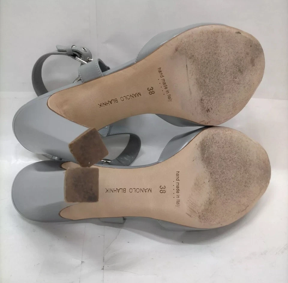 Manolo Blahnik Bloco Slingback Salto Alto Couro Tamanho (EUA) 6 Tiras de Tornozelo Prata - Imagem 4 de 4