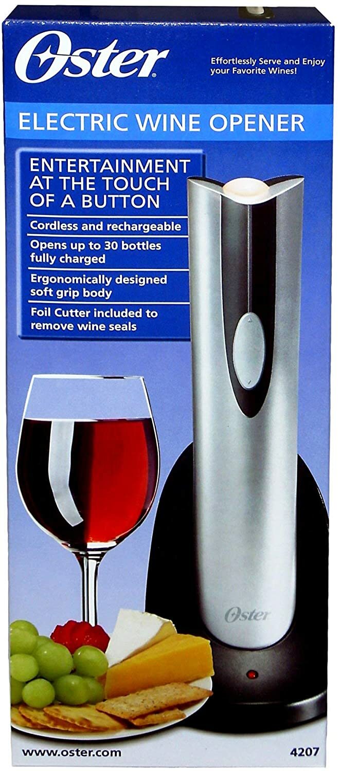 Oster Electric Wine Bottle Opener Cordless Rechargeable Soft Grip Body