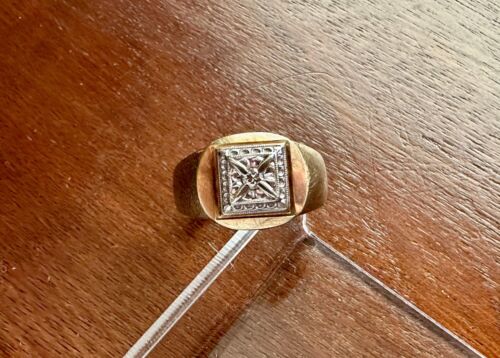 Anello uomo vintage in oro giallo bianco 10 kt con sigillo di diamanti misura 9,75 - Foto 3 di 8
