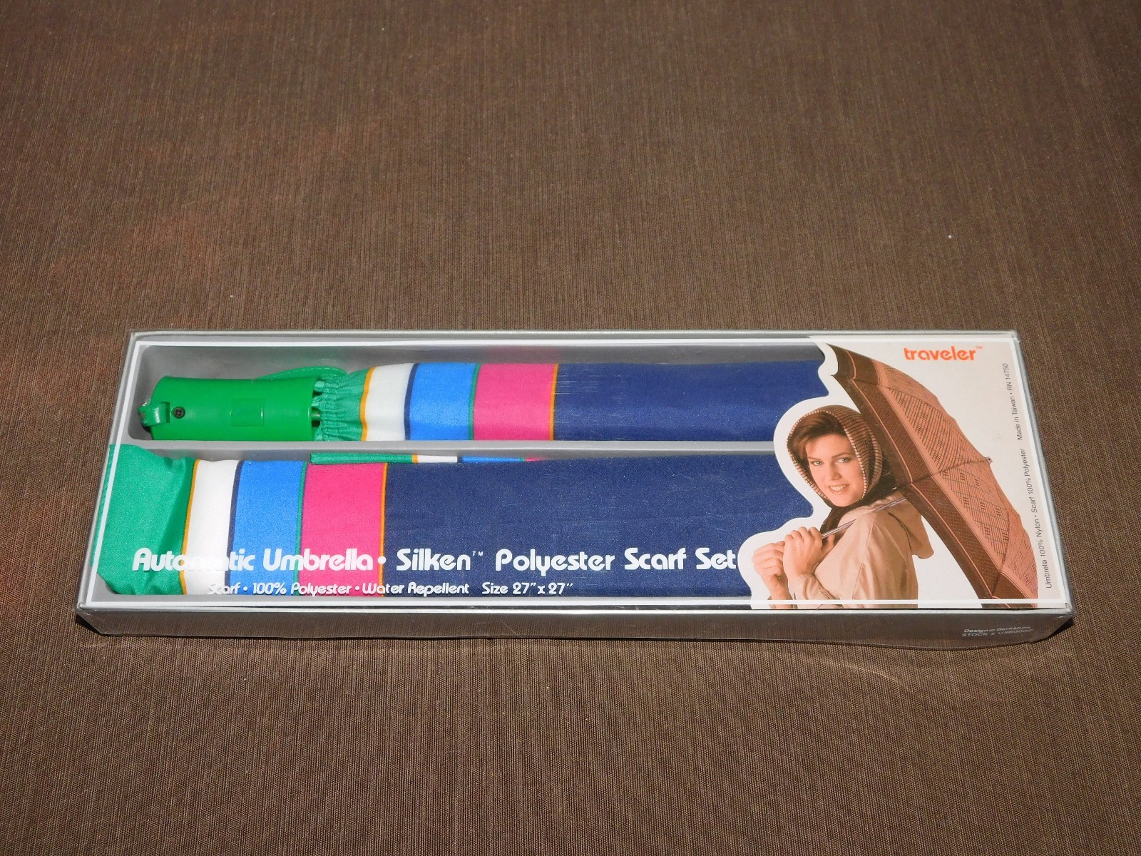 Vintage Traveler Automatic Umbrella with Silky Polyester Scarf Set NOS