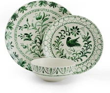 Fitz and Floyd Sicily Green 12 Piece Dinnerware Plate Bowl Set, Service 