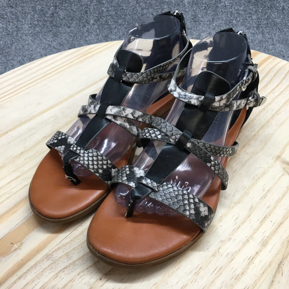 Nine West Sandals Womens 9M Caila 3 Gladiator Black Snakeskin Faux Leather Flats - Image 3 of 4