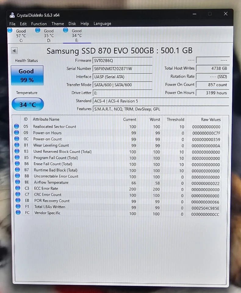 Samsung V-NAND SSD 870EVO 500GB (P/N: MZ7L3500HBLU) Model MZ-77E500 - Image 2 of 3