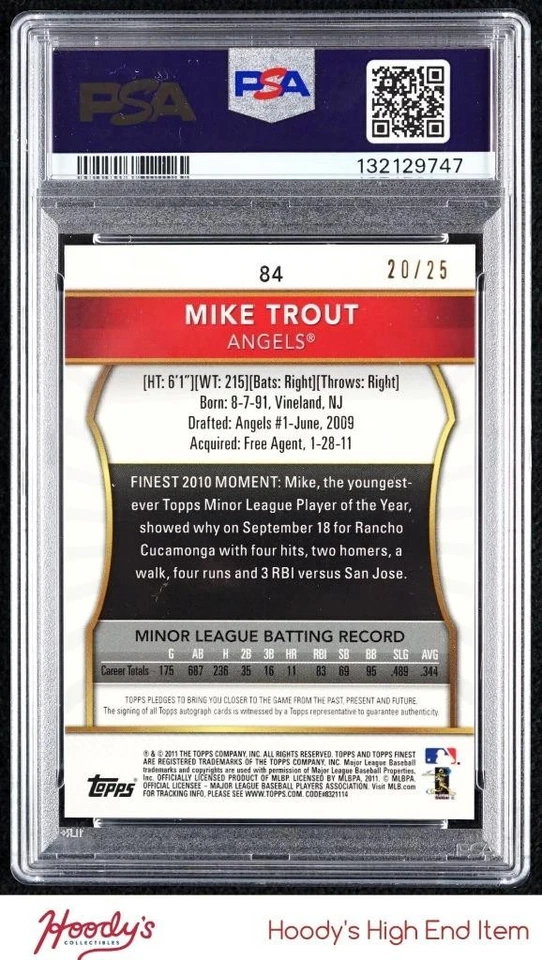 2011 Finest Rookie Red Refractors #84 Mike Trout RC AUTO 20/25 PSA 9 MINT Angels - Image 2 of 2