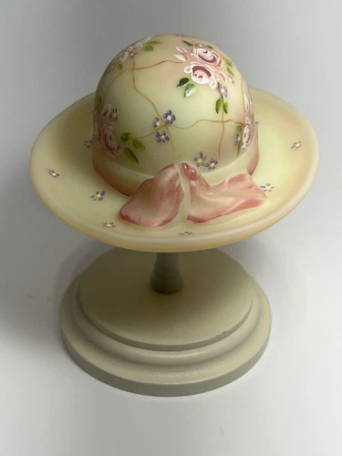 Fenton Glass Burmese Hand Painted Pink Bow Hat w/ Stand Signed J. Barkhart GLOWS