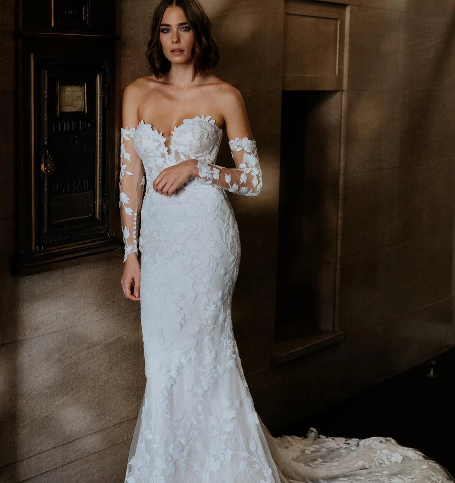 Königes Fit Flare Spitze Brautkleid Hochzeitskleid m.abnehmenbare Ärmel Knöpfe - Bild 2 von 4