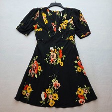 Free People Floral Dress Womens 2 Black 6 Neon Garden Balloon Sleeve V Neck