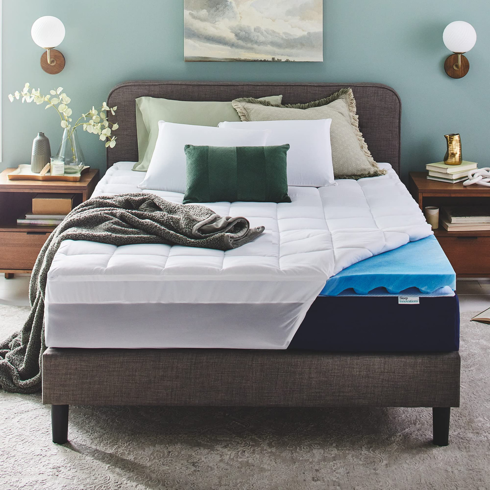 Sleep Innovations Dual Layer 4 Inch Memory Foam Mattress Topper, Queen Size, ...